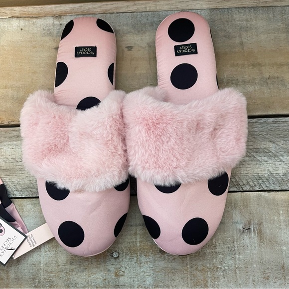 Victoria's Secret Signature Satin Slippers Polka Dot with Faux Fur - Picture 2 of 11